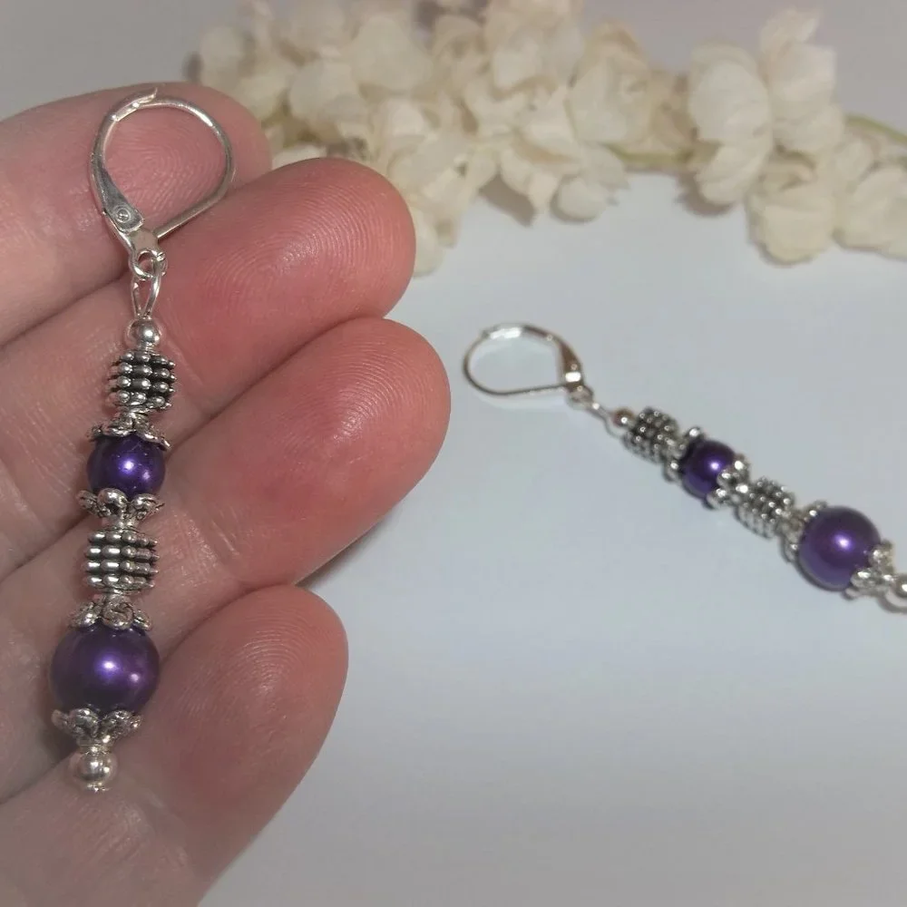 Long Purple and Silver Earrings Pearl Beaded Dangle Drop Jewelry Set Pair 7351